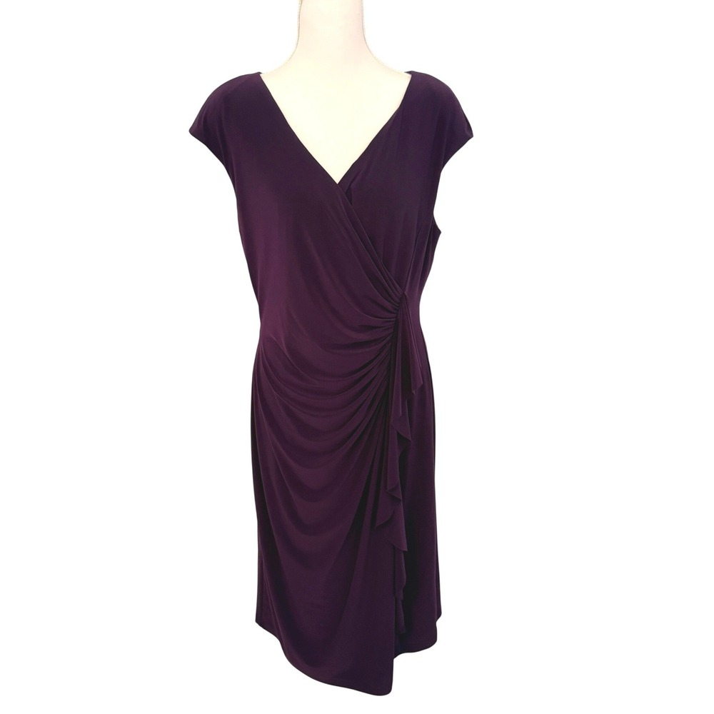 Black Label by Evan-Picone Sheath Dress Women 12 Purple Faux Wrap Ruched Ruffle